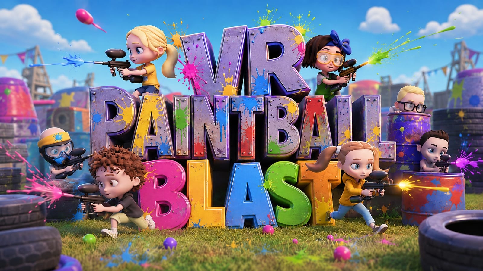 VR Paintball Blast key art: cartoon kids in goggles firing paintball markers around a giant splattered logo
